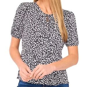 CeCe Floral Printed Short Puff Sleeve Black Top Shirt Ruffle Womens XL